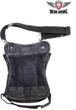 Black Naked Cowhide Leather Multi-Pocket Laced Thigh Bag With Extra Layer