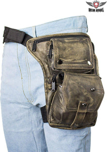 Distressed Brown Leather Multi Pocket Thigh Bags With Gun Pocket