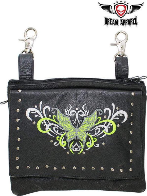 Naked Cowhide Leather Lime Green Butterfly Belt Bag W/ Studs