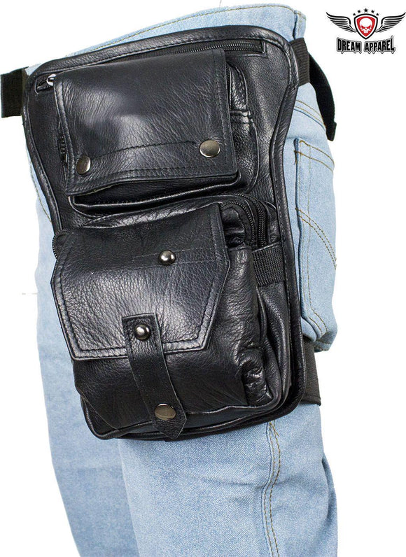 Premier Black Leather Multi Pocket Thigh Bags With Gun Pocket