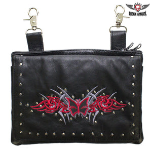 Studded Naked Cowhide Leather Gun Holster Belt Bag With Red And Silver Butterfly