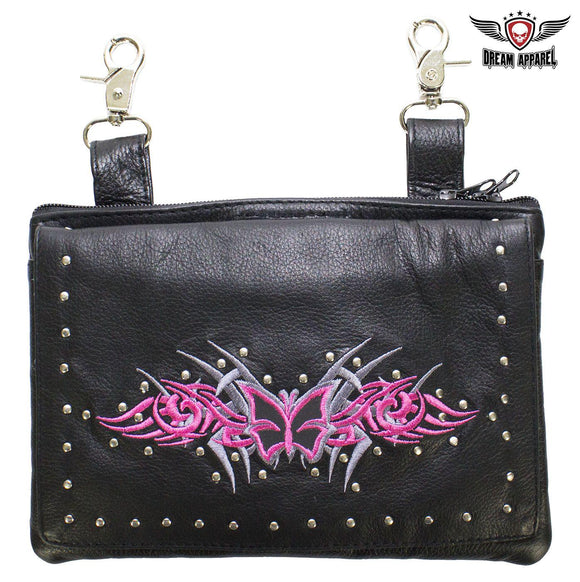 Studded Naked Cowhide Leather Gun Holster Belt Bag Pink Silver Butterfly