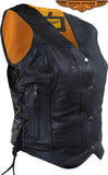 Womens Cowhide Leather Motorcycle Vest With 7 Pockets