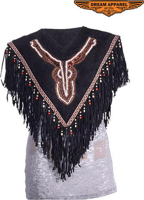 Womens Leather Poncho With Beads Black Suede With Fringe